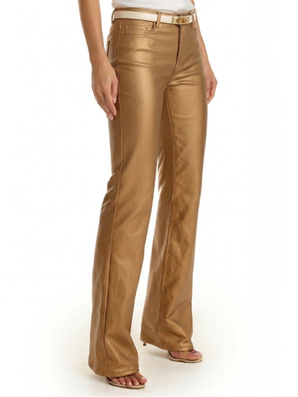 NWT The Noli Shop Women’s Aria Coated Flare Jeans Size 32 Gold Metallic *Flaw
